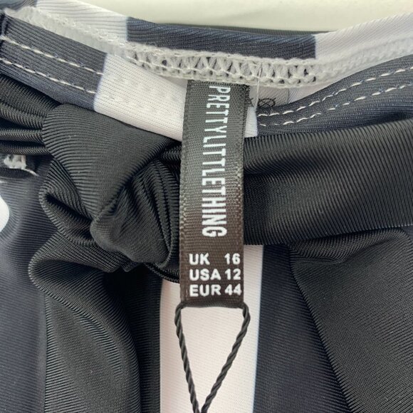 Pretty Little Thing Black & White Stripe Belted Waist Bikini Bottom US Sz12 - Picture 6 of 9